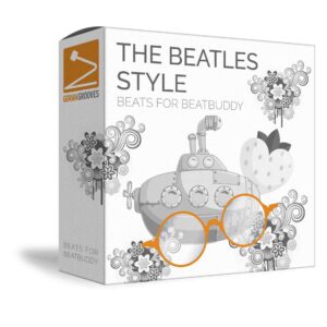 The Beatles style beats for BeatBuddy 3d virtual packaging box showing a grayscale image of a submarine, flowers and a Lennon type glasses in the foreground