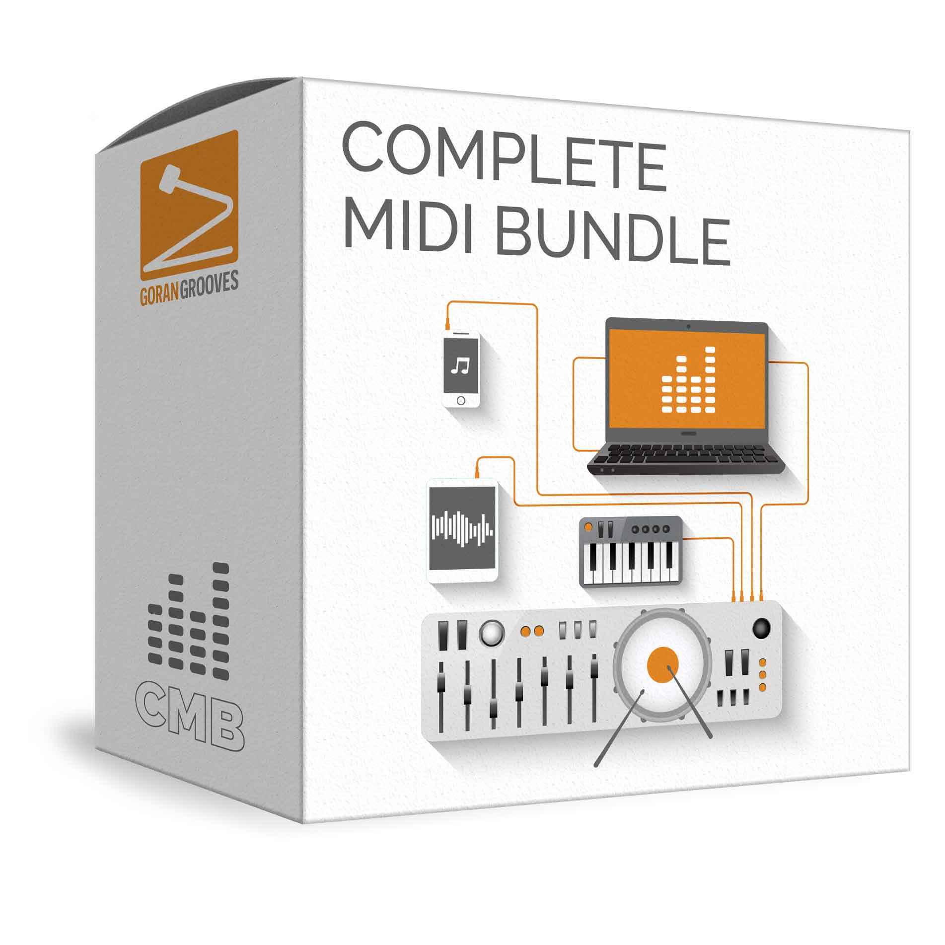 3D box artwork of COMPLETE MIDI BUNDLE by GoranGrooves, a MIDI drum loops pack, depicting a laptop computer with an orange screen and a volume meter, connected to a variety of devices including MIDI controller, mixer, a tablet and a smart phone.