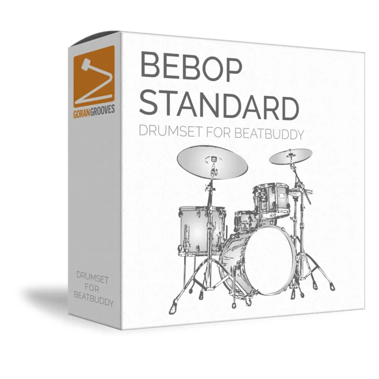 A 4-piece acoustic drumset reminiscent of Bebop era music, presented on a virtual 3D product box.