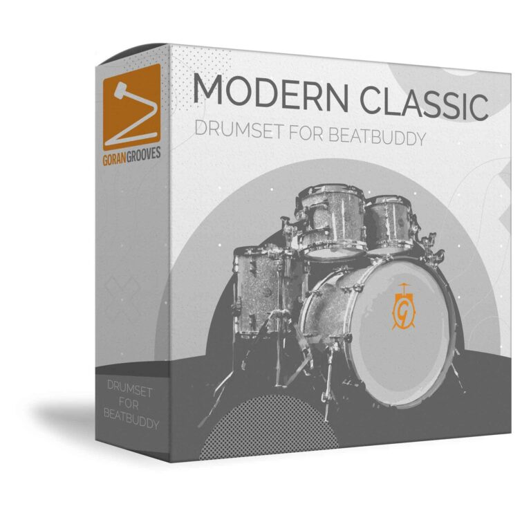 Modern classic drumset for BeatBuddy 3d virtual packaging box showing a grayscale image of a Gretsch drum kit