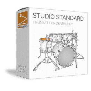 Studio Standard drumset for BeatBuddy virtual 3d packaging box showing a grayscale image of a Yamaha Maple Custom drum kit