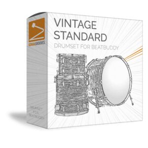 Vintage Standard drumset for BeatBuddy virtual 3d packaging box showing a grayscale image of a Ludwig drum kit