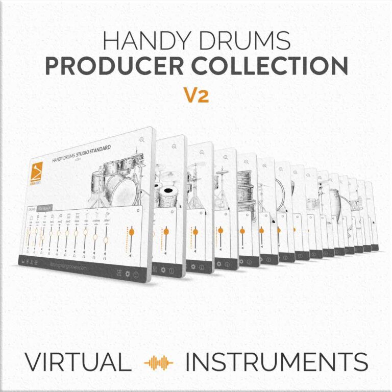 Handy Drums Producer Collection: a collage of 3D GUIs.