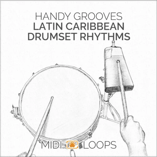 Latin Caribbean Drumset Rhythms artwork poster pencil drawing depicting drummer's hands playing a snare drum and a cowbell.