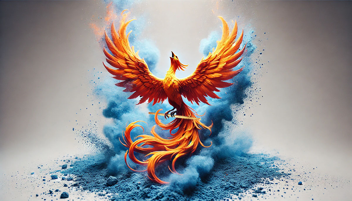 An orange mythical creature phoenix holding a drum stick, rising out of blue ashes, with its wings spread and beak open pointing upward.