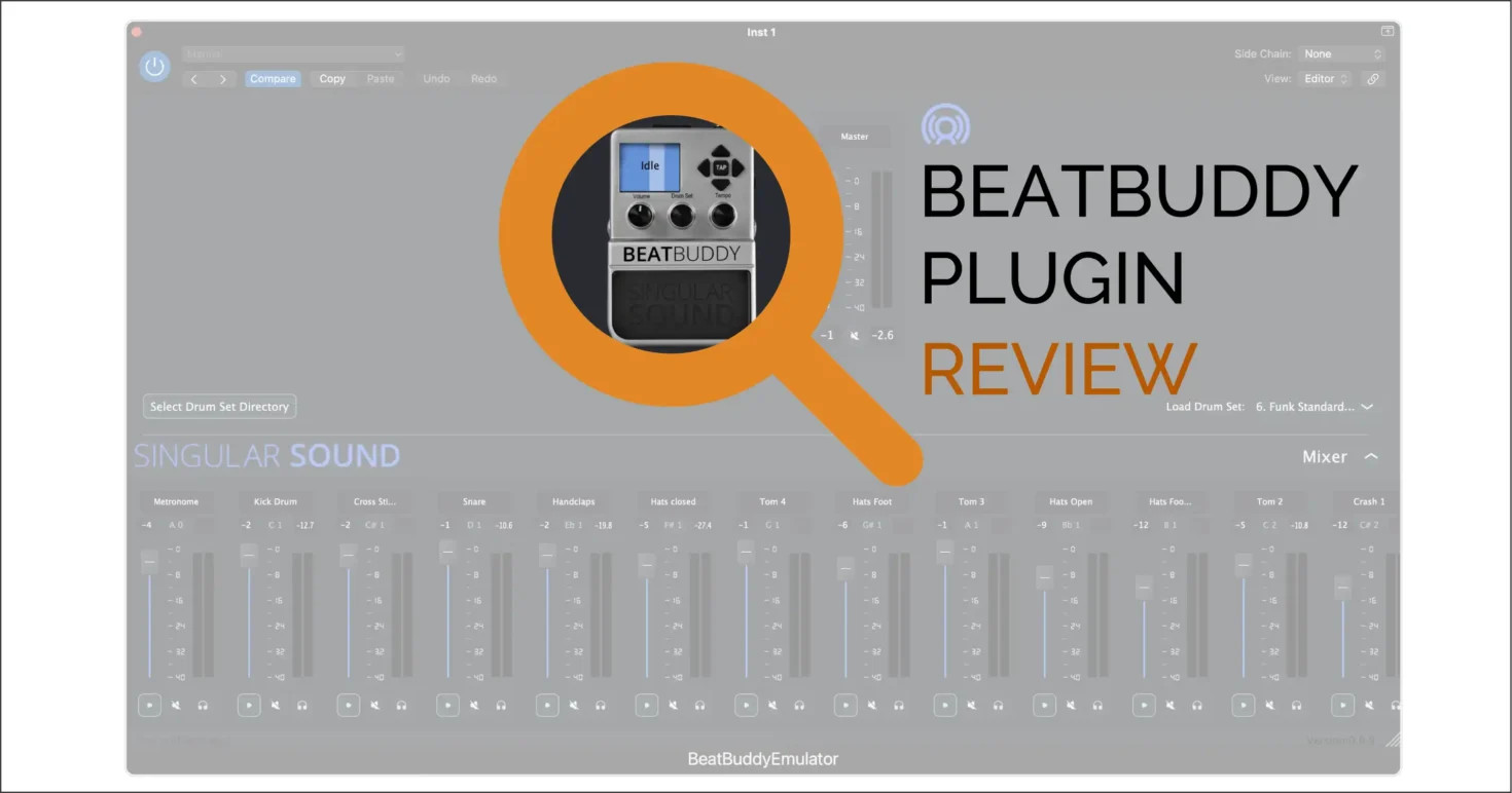 BeatBuddy Plugin GUI under an orange magnifying glass.