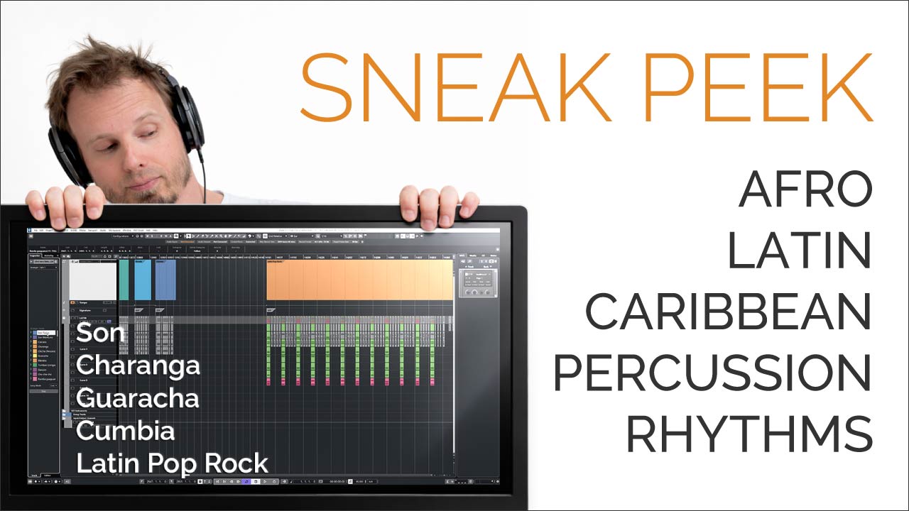 Goran Rista, wearing headphones peeking over a computer monitor showing a Cubase session with music styles included.