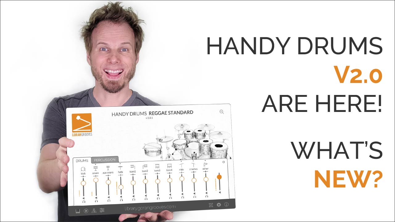 What's New In Handy Drums v2 poster: Goran with an excited look on his face holding a virtual GUI of Handy Drums Reggae Standard plugin.
